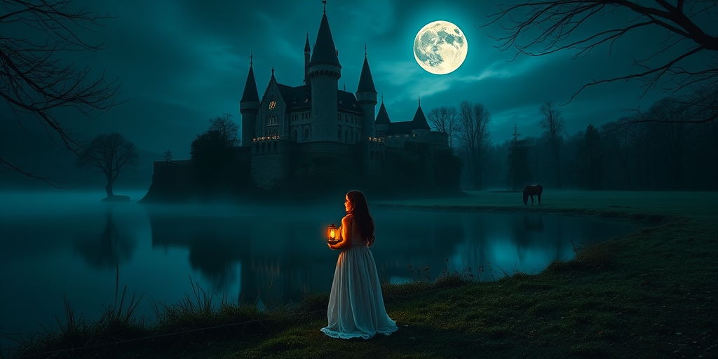 Create a dark fantasy scene featuring a mysterious haunted castle illuminated by moonlight, a girl in a flowing dress holding a lantern by a serene lake, a horse grazing in the background, shot with a Canon EOS R5, 24mm lens, f/2.8, ISO 100, long exposure for ethereal glow, using an atmospheric and moody style.