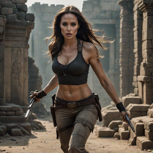 Fierce "Angelina Jolie" action pose, long dark hair in motion, determined expression, Tomb Raider inspired outfit, ancient ruins background, dramatic backlighting, smokey eye makeup, athletic physique