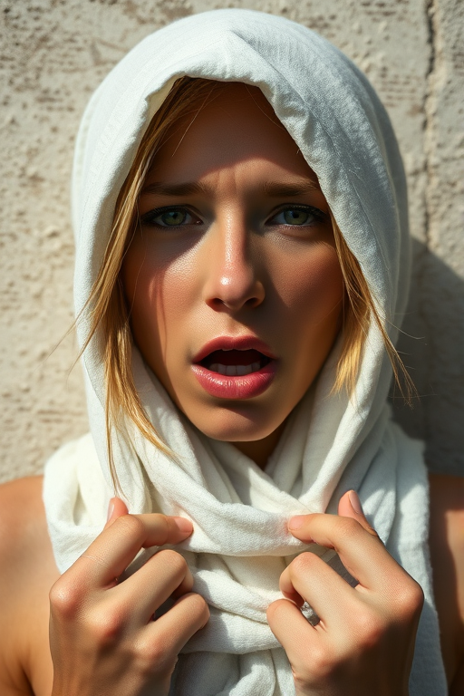 Create a close-up photographic image of a Native American woman with light skin tones shown against an old, worn wall. Their head is wrapped in a white cloth covering (i.e.... parts of the head except the nose and mouth, which are open as if they are screaming...), with a slight texture and visible folds in the fabric. Thin strands of blonde hair escape from the wrapping above, falling lightly at the top and sides. Their hands hold the fabric as if they are tugging nervously. The lighting is dramatic and even, casting strong shadows. The image has a minimalist and surreal style with an emphasis on simplicity with soft color tones. The composition is centered.