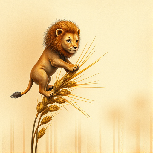 Soft, muted Alcohol Ink with ebru effect background image of tiny whimsical lion, who climbed high on the top of a golden rye ear.