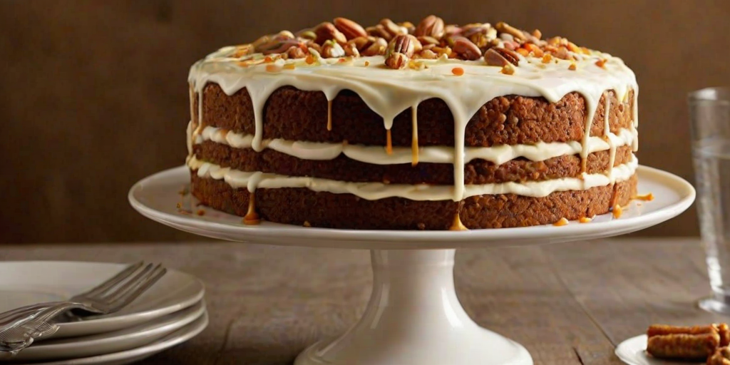 Create an image of a beautifully layered carrot cake on a cake stand. The cake should have a rich cream cheese frosting, with caramel sauce drizzling down the sides. Include decorative elements like chopped nuts and fresh carrots around the base for presentation. The background should be warm and rustic, enhancing the inviting feel of the dessert.
