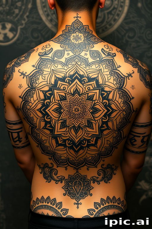 Ornate mandala tattoo covering the entire back with intricate patterns and sacred symbols in black and gold ink creating a stunning contrast against the skin
