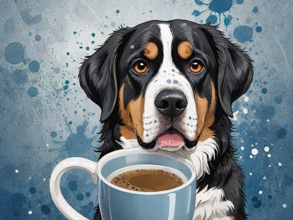 A quirky, artistic illustration of a disheveled greater swiss mountain dog with exaggerated, large eyes and spiky fur, holding a coffee mug that reads "Good Morning". The dog has a tired but humorous expression, with ink splatters and abstract details surrounding it, giving a whimsical feel to the image. The color palette is mostly monochrome with hints of blue in the eyes and steam rising from the mug, enhancing the overall sleepy vibe