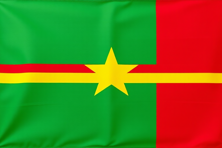 Create an image of the flag of Burkina Faso featuring horizontal red, green stripes with a central yellow star, captured with a DSLR camera at f/8 aperture, 1/125 shutter speed, 50mm focal length, in vibrant color mode and frontal view for enhanced clarity.