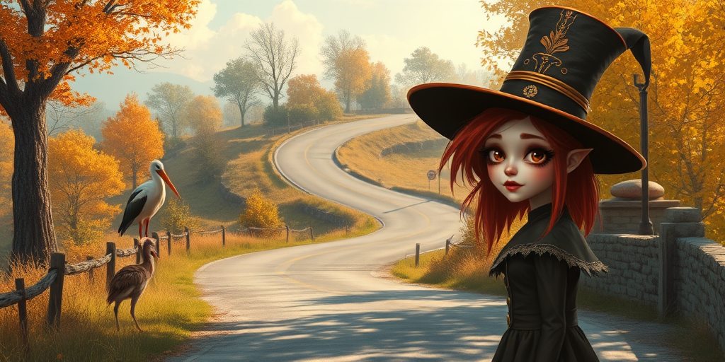 digital art fantasy depicting a strange girl with red hair, long eyelashes, brown lipstick and a tall hat walking along a winding road on an autumn afternoon, an Stork smiles as she passes