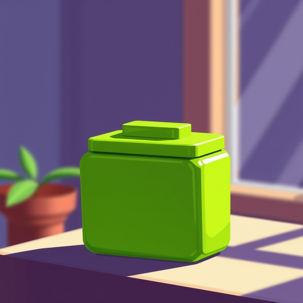 Create a vibrant digital illustration of a simplified, green rectangular object with a raised section on top, use a 50mm lens at f/8 for sharp focus, set to a 1/125 shutter speed, captured in natural lighting with a soft background blur, in a vector art style.