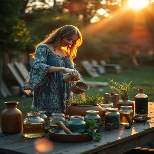 a serene outdoor scene during golden hour featuring a woman in a flowing bohemian dress pouring herbs into a wooden bowl surrounded by various jars and tools on a rustic table, soft focus, warm sunlight filtering through trees, aperture f/2.8, ISO 200, shutter speed 1/200s, captured with a DSLR camera in portrait orientation, enhancing detail and vibrancy