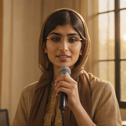 A close-up portrait of a mia khalifa with her eyes closed, singing into a microphone, positioned on the right side of the frame, facing the viewer. She is wearing a brown headscarf, gold earrings, and a brown blouse, and is bathed in warm, golden light emanating from the windows behind her. A blurred figure of a man singing into a microphone is visible in the background. The scene has a sense of calm and spirituality.