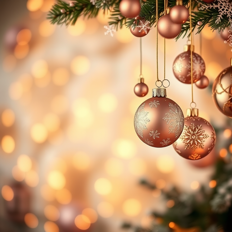 Generate a festive background featuring softly glowing golden lights, delicate white snowflakes, and elegant Christmas ornaments. The scene should evoke a warm and magical holiday atmosphere, with a gentle bokeh effect to enhance the dreamy quality. Include a mix of ornament shapes and sizes, suspended in a graceful arrangement.