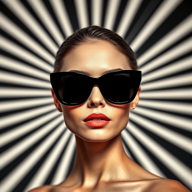 Create a high-contrast portrait of a model wearing oversized sunglasses against a radial striped background, using a DSLR camera with a 50mm lens, aperture set to f/1.8, ISO 100, and a shallow depth of field to enhance sharpness and detail.