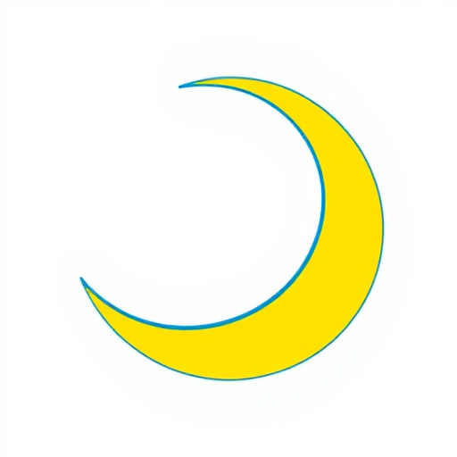Create an image of a yellow crescent moon with a blue outline on a clean white background, using a DSLR camera with a 50mm lens, aperture f/2.8, ISO 100, shot at eye level for sharp focus and vibrant color contrast.