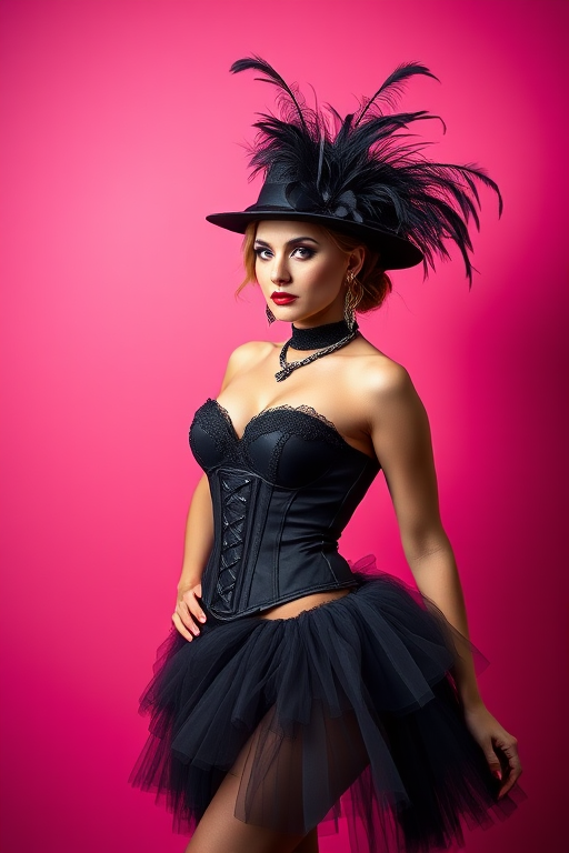 high-fashion burlesque model in a feathered black hat and corset with a tutu on a gradient pink background, captured with a Canon EOS R5 at f/1.8, 50mm lens, ISO 100, softbox lighting for a glamorous look, full body shot, portrait style, high definition