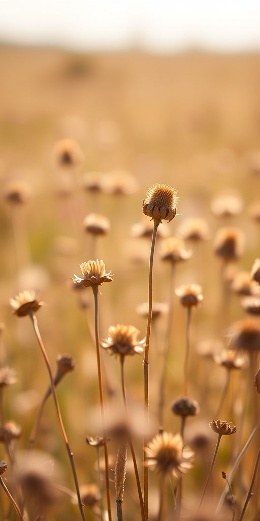 Take a close-up shot of a field of dried wildflowers under soft daylight, f-stop 2.8, ISO 100, shutter speed 1/250s, blurred background with a shallow depth of field, using a DSLR camera with a 50mm lens.