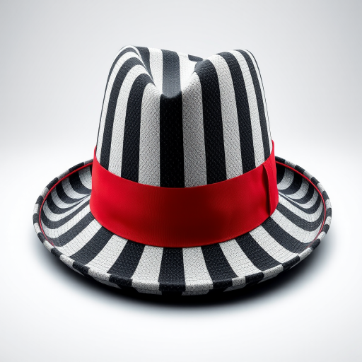 Create a high-resolution digital illustration of a black and white pinstriped fedora hat with a vibrant red band, captured in a studio setting using a DSLR camera at f/2.8 aperture, 50mm lens, ISO 100, with soft diffused lighting for a polished look.