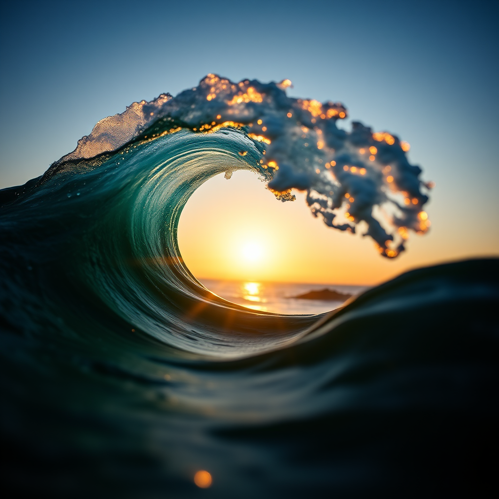 Create a high-resolution image of a stylized wave design with a rising sun in the background, using a Canon EOS R5 camera, 50mm lens, f/2.8 aperture, 1/125s shutter speed, ISO 100, soft natural lighting, and a shallow depth of field for artistic focus.