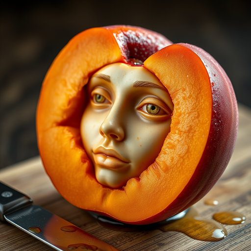 A hyperdetailed photorealistic macro color saturated high resolution image of a peach cut in half, with the peach pit being a highly detailed sculpted woman's face with her eyes open and peach-colored irises. The face has a marble texture. The image includes condensation, moisture, and peach juice. The peach is on a wooden cutting board with a small fruit knife nearby, also covered with juice.