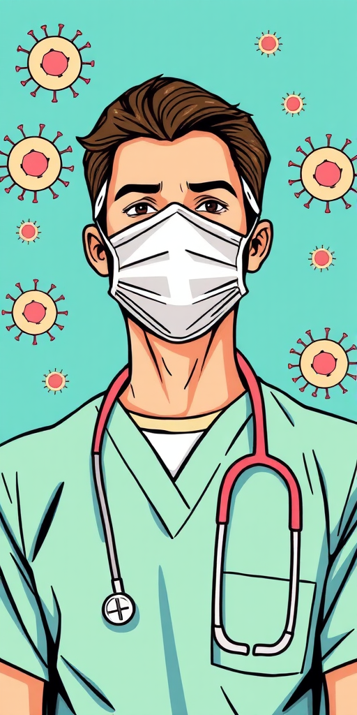 Create an illustration of a doctor wearing a mask and scrubs, surrounded by virus symbols, using a digital drawing style with bright colors, shot from a frontal view at high resolution, with a focus on clear lines and minimalistic background elements, enabled by a graphic tablet and stylus for enhanced detail and quality.
