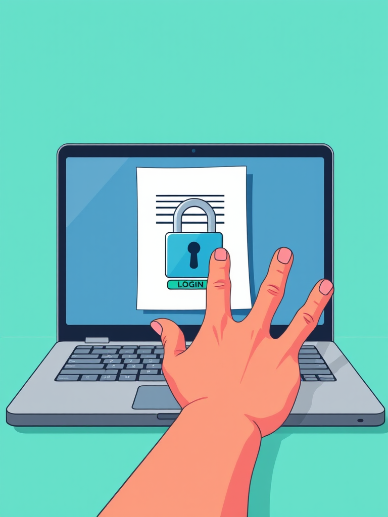 Create an illustration of a hand reaching for a login sheet from an open laptop with an unlocked padlock on the screen, use a vibrant turquoise background, set in 4K resolution, shot from a slightly elevated angle, using a DSLR camera, aperture f/2.8, ISO 100, and a wide-angle lens for clarity and depth.