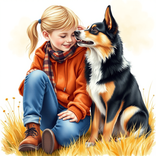 A detailed watercolor and acrylic illustration showing a heartwarming scene between a young blonde girl in pigtails and a Bearnaise Mountain dog. The girl, dressed in a rust hoodie, jeans, and a plaid scarf, gently rests her hand on the dog’s head. The dog, with black, copper, and white fur, sits beside her, tilting its head in affection. They sit on golden grass with wildflowers, against a sunny fall background. The artwork focuses on realistic textures and the tender bond between them.