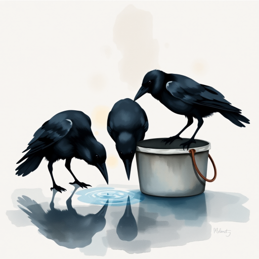Create a watercolor painting of the silhouette of crows drinking water from a bucket, with muted colors and a textured background.