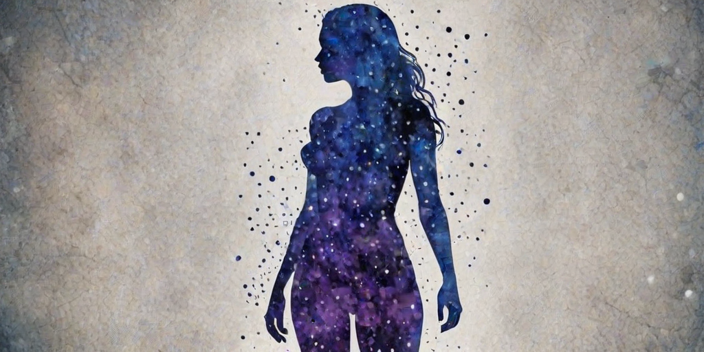 Captivating conceptual render alcohol ink art, double exposure, the paint strokes artfully merge combining a woman's full silhouette with a Xenial xenops's silhouette. The figures are composed of a series of colored dots, lines & spots that evoke the image of a cosmic galaxy, colors are deep shades of blue purple & black with flashes of white & silver representing distant stars. The woman's silhouette is formed within the lion's silhouette from constellations of scattered stars, surreal
