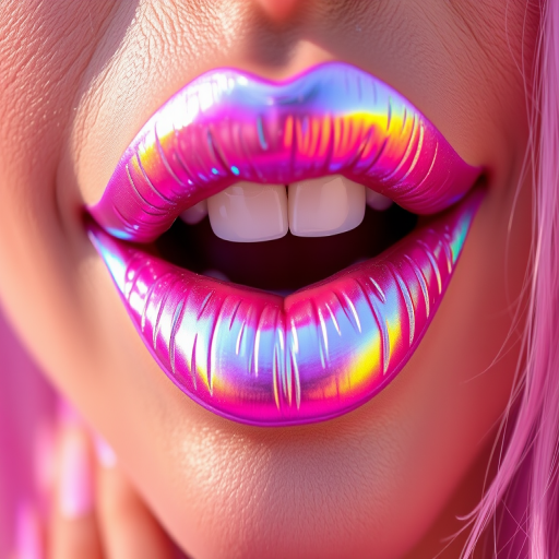 Holographic Unicorn Kiss lip style features an iridescent, multi-colored sheen that shifts in the light, perfect for festival-goers and those with a playful, adventurous spirit