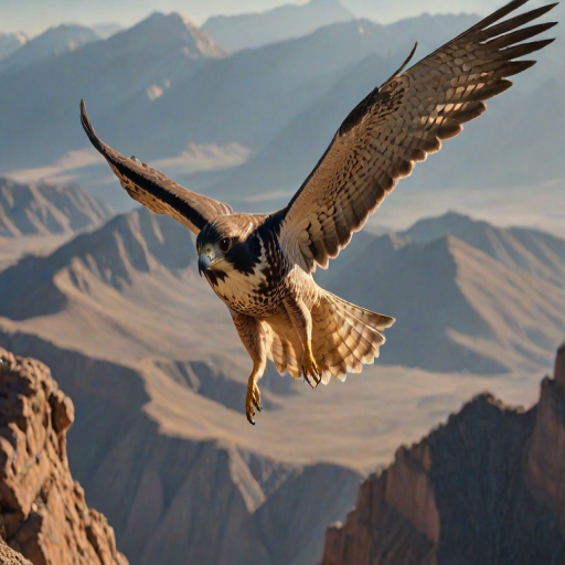 Sharp, detailed image of a falcon in mid-dive, wings folded back, its eyes focused on its prey below, with soft morning light casting long shadows on the distant mountains.