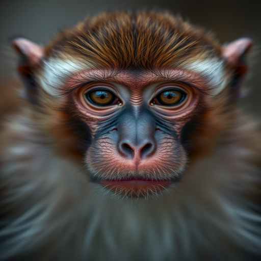 Regenerate a close-up portrait of a monkey with a detailed facial expression, use a Canon EOS 5D Mark IV with a 100mm f/2.8 macro lens, aperture set at f/4, ISO 200, shutter speed 1/200s, natural lighting, slight bokeh effect in the background for depth.