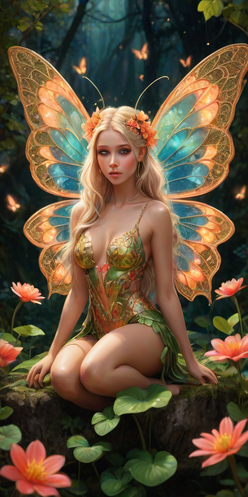 A digital artwork features a winged fairy with delicate Coral butterfly wings, adorned with intricate Meadow andNeon patterns. She is seated on a vibrant Shamrock flower, wearing a revealing red two-piece outfit with sparkling beadwork. Her fair skin, long blonde hair, and gold jewelry add to her ethereal appearance. The background is a warm, golden gradient, creating a magical atmosphere. Small glowing orbs and sparkles surround the flower, enhancing the enchanting, highly detailed, and realistic scene.