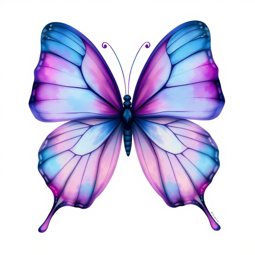 Create an artistic illustration of a butterfly with large wings. The wings should be a blend of vibrant purple and blue hues, featuring delicate swirls and splashes of watercolor effects. The background should be soft and light, enhancing the ethereal quality of the butterfly.