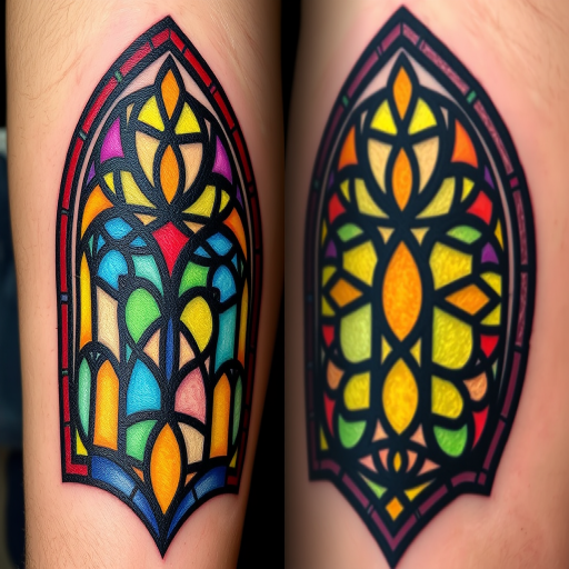 Stained glass tattoo named "Luminous Mosaic" depicting colorful geometric shapes and intricate patterns reminiscent of church windows with bold outlines and translucent hues