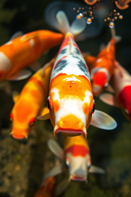Underwater close-up of colorful koi fish swimming in a pond, natural lighting, ISO 200, f/4.5, shutter speed 1/250 sec, using a macro lens on a DSLR camera.