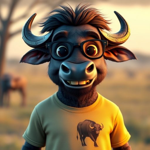 Hyperrealistic 3D render of a smiling cartoon Cape Buffalo wearing glasses and a beige t-shirt with a smaller buffalo image printed on it, missing some teeth, set against a blurred African savanna background, detailed fur, 8k resolution, octane render, artstation trending.