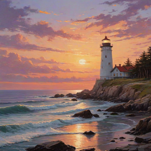 Generate an image of a tall lighthouse perched on a rocky outcrop surrounded by calm ocean waters during a breathtaking sunset. The lighthouse stands sturdy and weathered, its stone surface illuminated by the warm golden light of the setting sun. The sun's rays pass directly through the glass lantern room at the top of the lighthouse, casting a brilliant light across the scene. The sky is painted with vibrant shades of orange, pink, and purple, reflecting off the tranquil sea. The surrounding water shimmers with the same warm hues, creating a serene and majestic atmosphere.