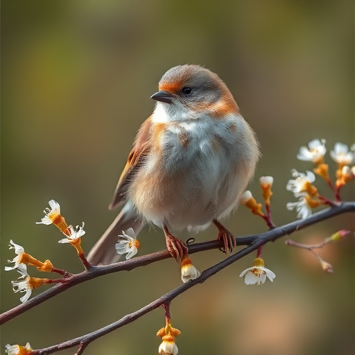 a small, fluffy bird perched on a branch with delicate white flowers blooming around it, set against a soft, blurred background of nature