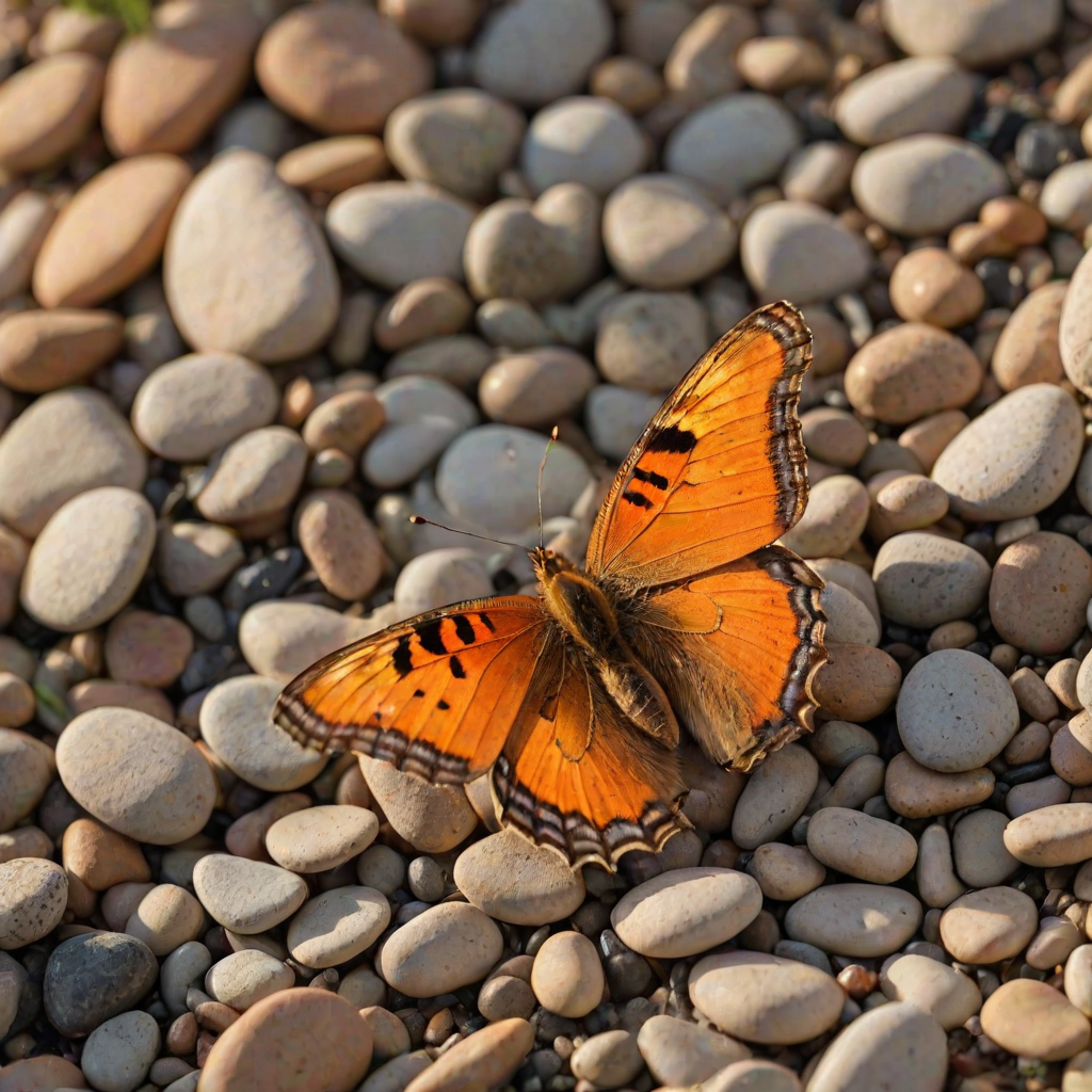 A vibrant orange and yellow butterfly with black markings is perched on a bed of small, brown pebbles in the warm, golden light of a setting sun. The butterfly is facing the viewer with its wings slightly raised, creating a sense of delicate movement. The background is a soft, blurred green and yellow, creating a gentle, natural atmosphere. The image is captured in a close-up perspective, focusing on the butterfly's intricate details and the warm glow of the sunlight.