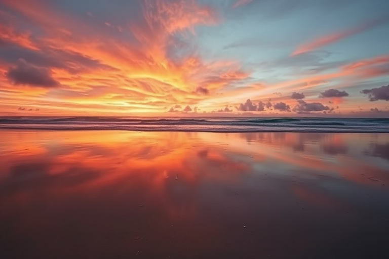 Generate an image of a calm beach at sunset, capture vibrant orange and pink hues in the sky reflecting on the water, use a Canon EOS 5D Mark IV, set aperture to f/8, ISO 200, shutter speed 1/60 sec, wide-angle view with a subtle vignette effect.