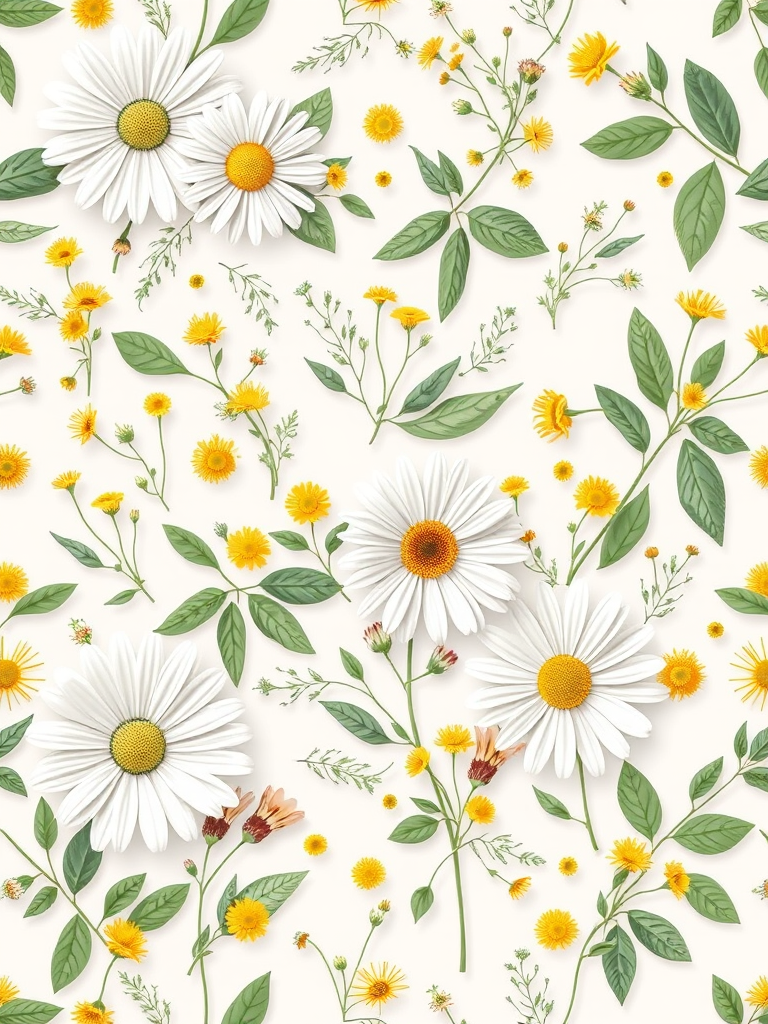create a seamless pattern of various flowers and green leaves featuring white daisies, yellow flowers, and delicate foliage on a light background