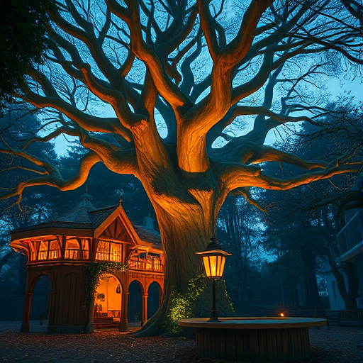 Create a mystical forest scene featuring a giant illuminated tree with intricate branches, surrounded by enchanting architecture, during twilight with a soft focus; use a Canon EOS R5, 24-70mm f/2.8 lens, f/4 aperture, ISO 400, 1/60s shutter speed, shot at eye level for a cinematic look.