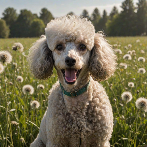 An expressive image of a poodle dog in a comedic situation where it appears to be sneezing. The dog's eyes are squeezed shut, and its ears flap as the force of the sneeze is illustrated. Mouth slightly open, visible sneeze particles flying in the air. In the background, a lush green field full of seed head dandelions.