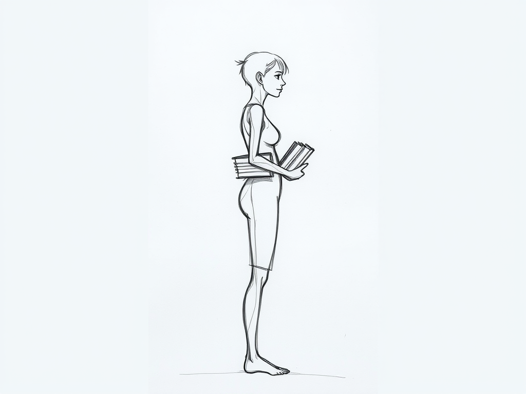 Create a detailed sketch of a tall, slender figure standing in profile, holding a stack of books, with a focus on fine line work and shading, using a DSLR camera with an f-stop of 4.0, ISO 100, and 50mm lens for a shallow depth of field, capturing natural lighting from the side to enhance texture and detail.