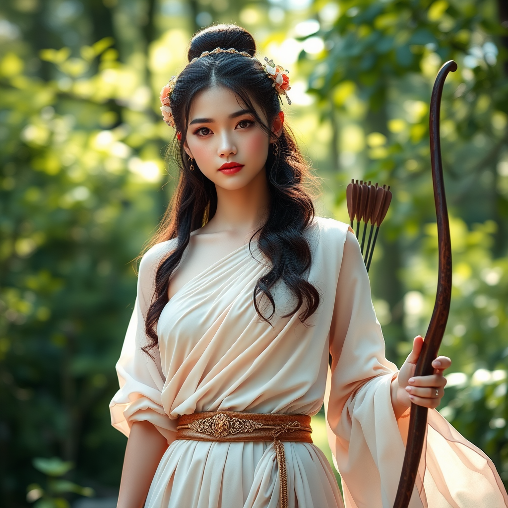 Create a portrait of a goddess-like Chinese girl figure in a tranquil, forested environment. She has an elegant appearance with long, wavy hair styled in an updo and adorned with a delicate, floral headband. She wears a flowing, ancient Greek-inspired gown in a soft, pale color, featuring a one-shoulder design and draped fabric that accentuates her graceful form. The outfit includes a decorative belt with ornate gold detailing, and she holds a bow in her hand, with a quiver of arrows slung over her shoulder. The background depicts lush greenery, with sunlight filtering through the trees, casting a gentle, ethereal light on the scene. Her expression is calm and contemplative, embodying a sense of wisdom and serenity.