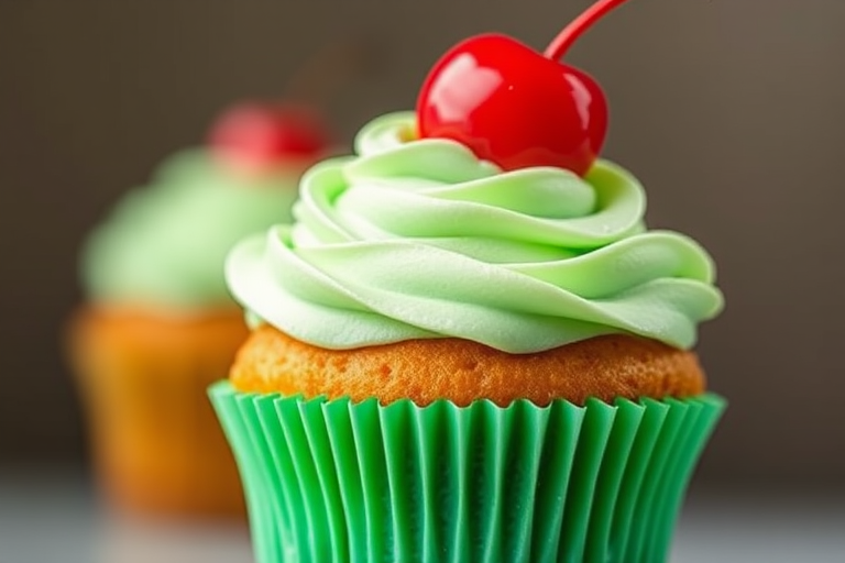 Create a high-resolution illustration of a swirled mint green cupcake topped with a glossy red cherry, using a DSLR camera with a 50mm lens, f/1.8 aperture, ISO 100, and natural lighting from above for enhanced depth and color vibrancy.