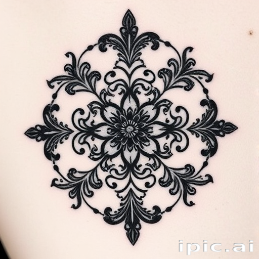 Blackwork ornamental tattoo entitled "Gothic Lace" featuring intricate patterns inspired by Victorian-era lace and filigree work, with delicate swirls and floral motifs creating a stunning contrast against the skin, ideal for those who appreciate the elegance and sophistication of vintage-inspired designs.