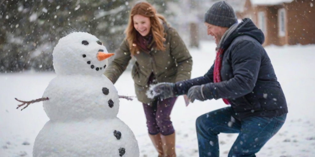 Blurry action shot of a family playing in the snow, soft snowflakes falling around them as they build a snowman, with warm laughter echoing in the winter air.