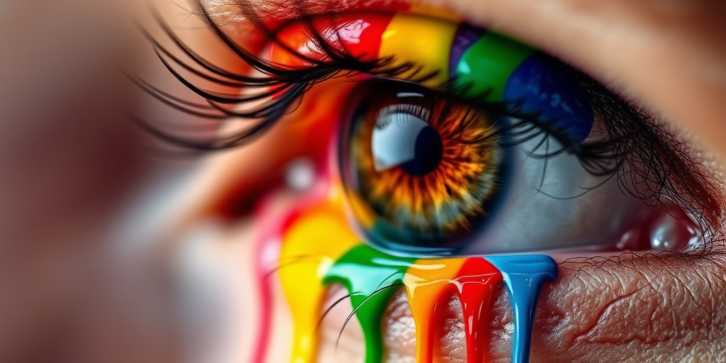 An eye with a vibrant rainbow splash of paint, colorful drips flowing down, macro shot, f/2.8 aperture, 50mm lens, ISO 100, natural light, high dynamic range, focus on the eye details.