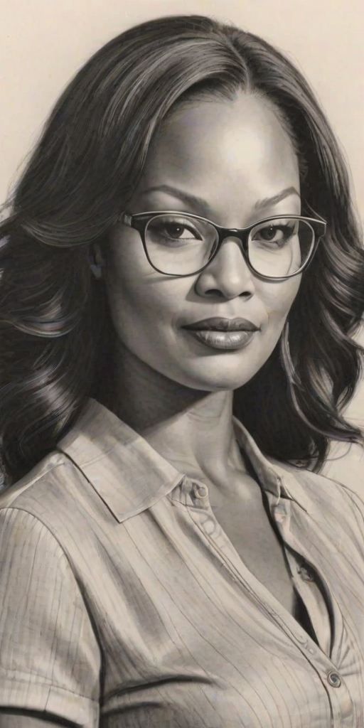 Superb Garcelle Beauvais, pencil sketch, portrait of Radiant woman 1963s in glasses, hair style beatnik, outline, clear lines, fine lines, 8k