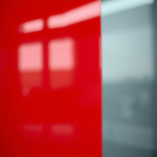 Create a high-resolution image of a vertical red panel with a shiny reflective surface, captured with a Canon EOS 5D Mark IV, using a 50mm lens at f/1.8, ISO 100, with a soft focus background to enhance clarity and depth.