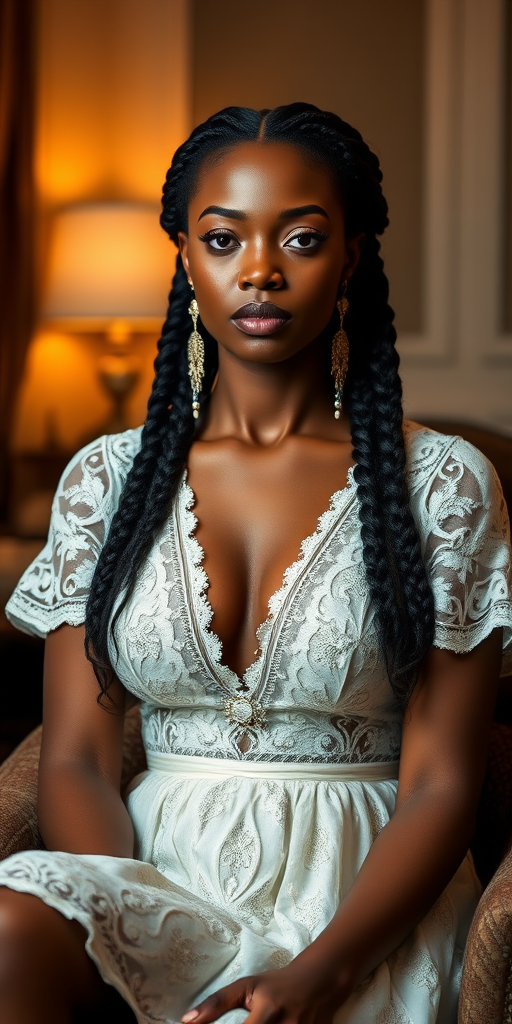 Create a portrait of a refined and elegant Amhara woman seated in a sophisticated setting. She has long, wavy hair styled in two thick braids that are pulled over her shoulders. She wears a white, lace gown with intricate patterns, featuring a deep V-neckline and short sleeves. The dress exudes a vintage charm with its delicate lacework. She is adorned with ornate, dangling earrings that add a touch of glamour to her appearance. The background is softly lit, with warm, ambient lighting that creates a cozy and inviting atmosphere. Her expression is poised and serene, capturing a sense of grace and elegance.