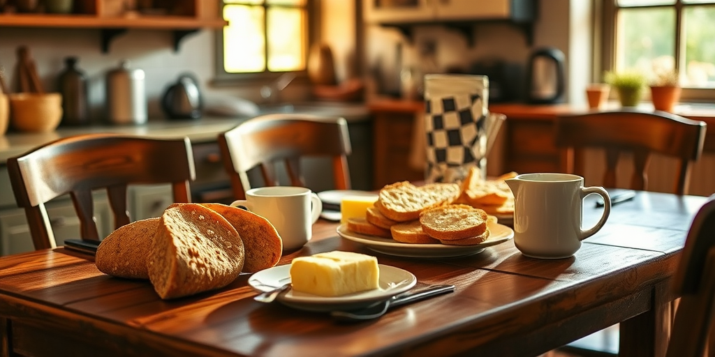 Warmly lit photo of a rustic kitchen table set for breakfast, soft natural light from a nearby window illuminating fresh bread, butter, and a steaming pot of coffee.